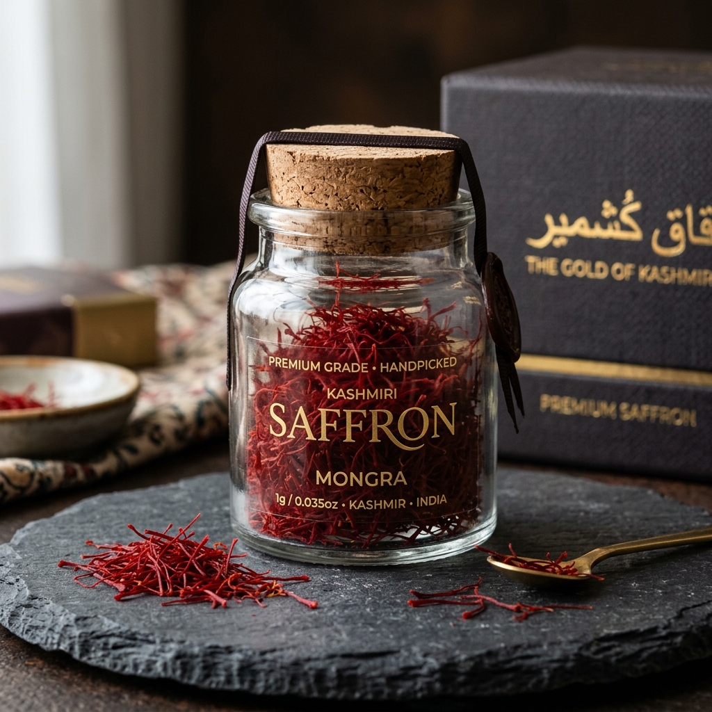 Luxury jar of authentic Kashmir Mongra saffron